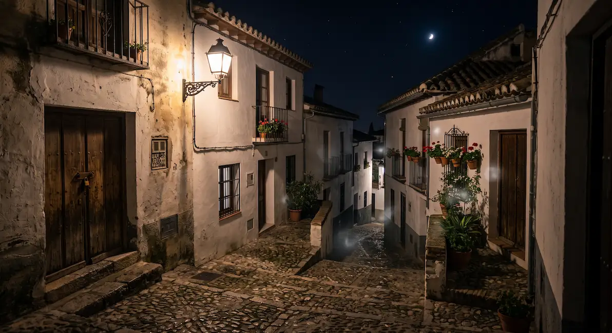 Callejón nocturno del Albaicín iluminado por farol tradicional - Misterios de Granada